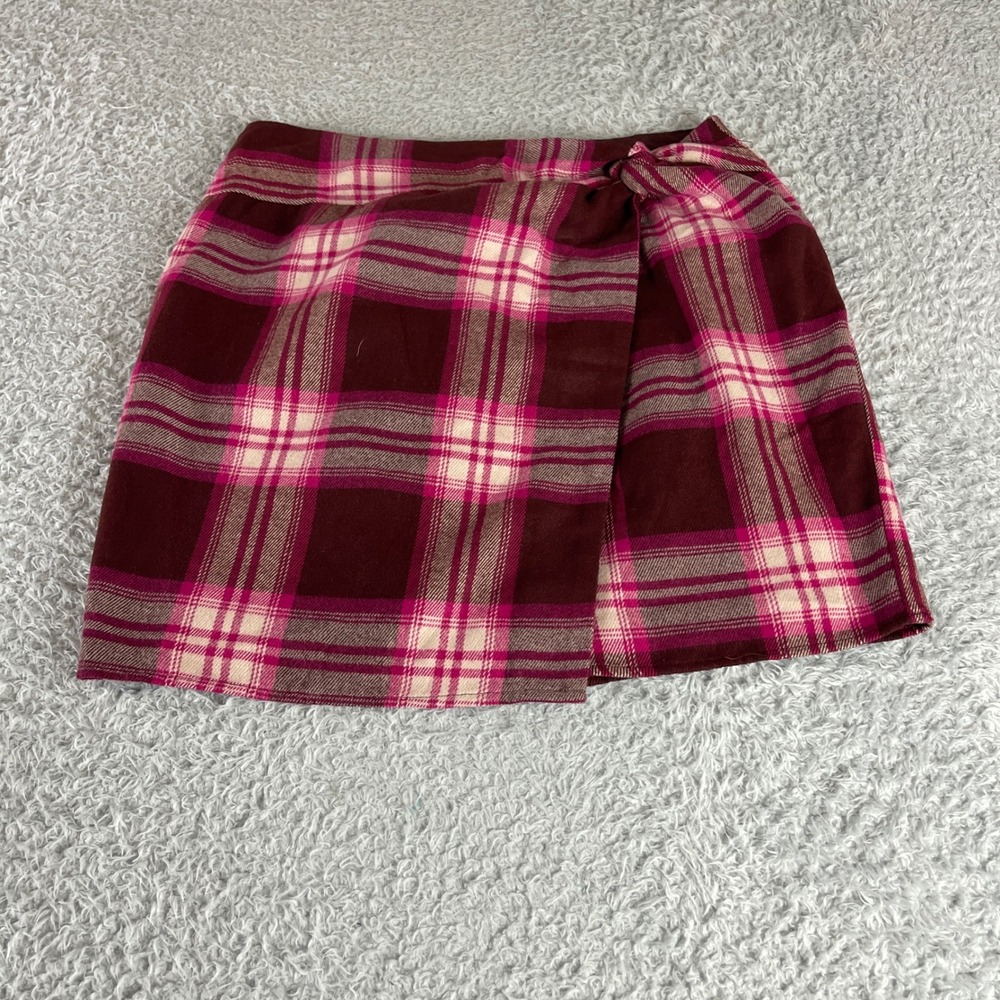 LOFT Burgundy Pink Plaid Faux Wrap Mini Skirt Side Tie Size 6